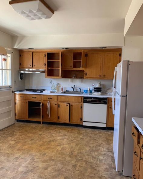 Kitchen Remodel Older Home, Tiny Home Full Kitchen, Stove Near Corner Of Kitchen, Remodeled Houses Before And After, Mid Century Remodel Before And After, Old House Small Kitchen, Remodeling Before And After, Apartment Kitchen Before And After, Old Kitchen Remodel On A Budget 70s