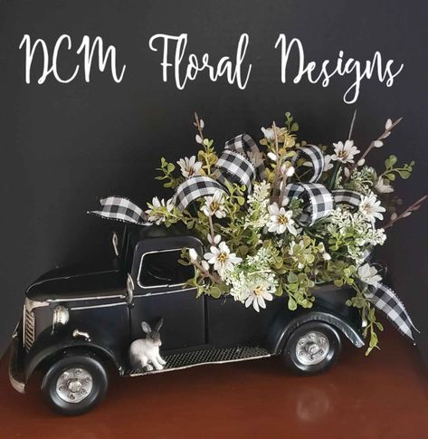 Red Truck Decor All Year, Metal Truck Decor Ideas, Truck Centerpieces Ideas, Bouquet Basket, Cemetery Arrangements, Bunny Ideas, Truck Crafts, Lemon Crafts, Red Truck Decor