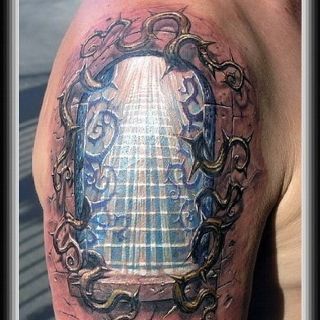 Always light at the end of the tunnel Tunnel Tattoo, Stairway To Heaven Tattoo, Tato 3d, Best 3d Tattoos, Tatoo 3d, Amazing 3d Tattoos, 16 Tattoo, Heaven Tattoos, Polynesian Tattoos