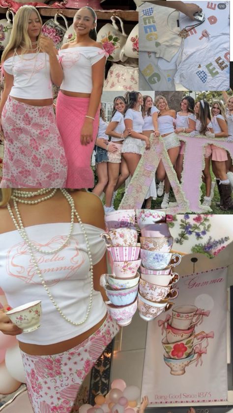 Love Shack Fancy Outfit Ideas, Let Them Eat Cake Bid Day, Bid Day Picture Ideas, Love Shack Fancy Bid Day, Alice In Wonderland Bid Day, Bid Day Themes Sorority Unique, Tea Party Bid Day, Sorority Event Themes, Rush Themes Sorority