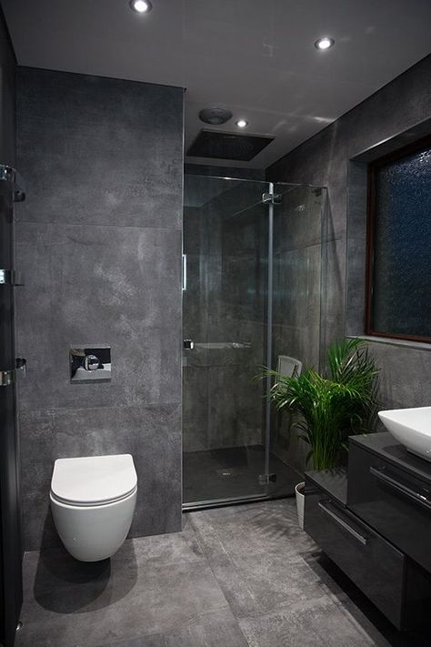 Grey Modern Bathroom Ideas, Modern Dark Bathroom Design, Antracit Bathroom Ideas, Bathroom Dark Design, New Home Furniture Ideas, Dark Ensuite Bathroom Ideas, Dark Tiled Bathrooms, Dark Bathroom Modern, Bathroom Interior Dark