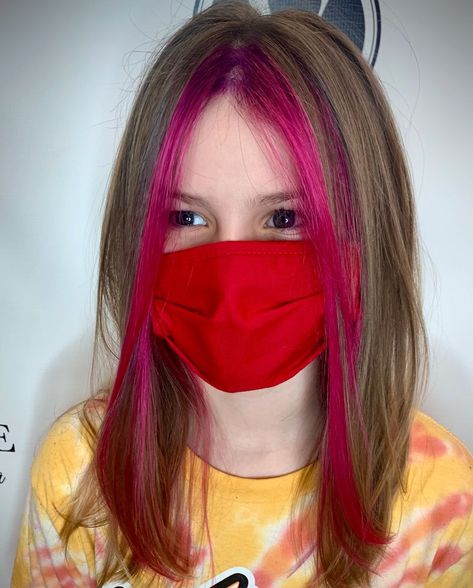 Kids with color! Pink face frame, created by Stylist Brittany M. Reserve today! (302) 644-4247⠀ Pink Hair For Kids, Kids With Colored Hair, Red Strips In Hair, Kid Highlights Hair, Kids Dyed Hair, Kids Highlights Hair, Kids Hair Dye Ideas, Kids Pink Hair, Kids Hair Color Ideas