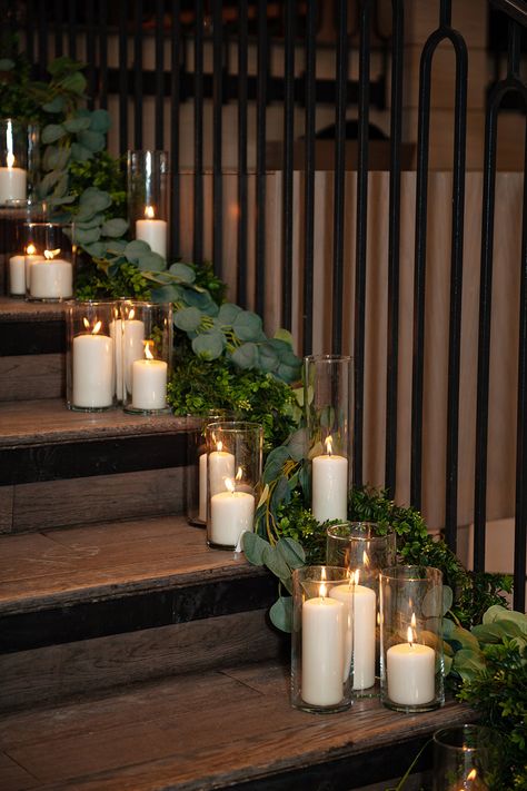 Candles On Stairs Wedding, Staircase Candles, Outdoor Wedding Lanterns, Winter Wedding Candles, Wedding Aisle Candles, Chic Winter Wedding, Calgary Wedding Venues, Wedding Luminaries, Wedding Staircase