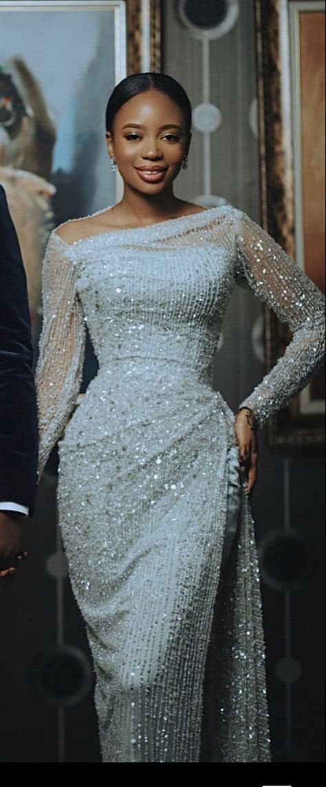 Modest Nigerian Lace Styles, Nigerian Nikkah Outfit, Beaded Lace Dress Styles, Nigerian Lace Styles Dress Wedding, Nigerian Bridal Reception Dress, Nigerian Lace Dresses Gowns, Nigerian Reception Dress For Brides, Nigerian Traditional Dresses, Lace Asoebi Styles