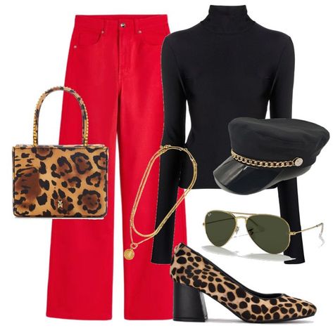 Complete this look with a pair of red wide-leg pants, a black turtle neck, gold accessories, cheetah block heels and a bag, and a Breton cap. Red Turtle Neck Outfit, Breton Cap, Red Wide Leg Pants, Ultimate Capsule Wardrobe, Neutral Shirt, In My Era, Wide Leg Pants Outfit, Black Turtle Neck, Neutral Tops