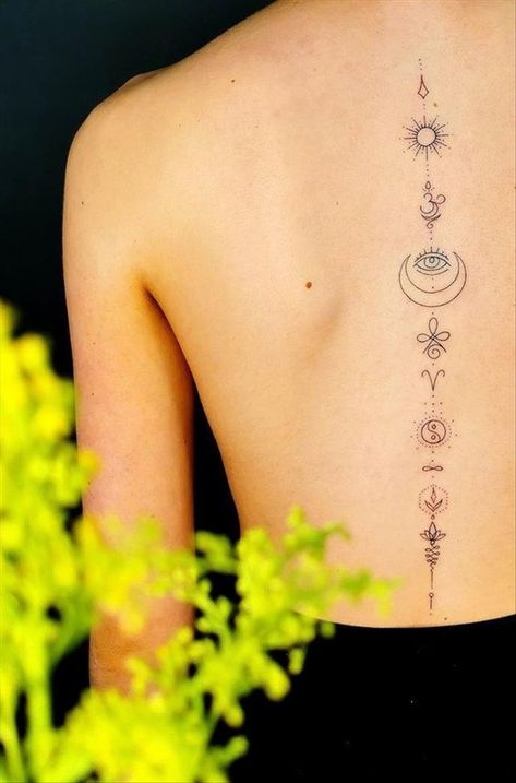 Spine Tattoos Ideas, Spine Tattoo Designs, Back Tattoo Women Spine, Back Tattoos Spine, Feminine Back Tattoos, Tattoo Ideas Inspiration, Spine Tattoo Ideas, Mantra Tattoo, Chakra Tattoo