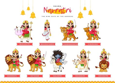 Navratri festival with nine hindu goddes... | Premium Vector #Freepik #vector #crown #hands #festival #navratri Nav Durga Image, Navratri Pictures, Navratri Devi, Ganpati Photo, Navratri Devi Images, Nav Durga, Ganpati Photo Hd, Durga Pooja, Devi Images