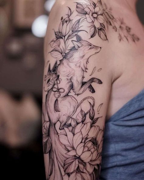 20 Best fox tattoo designs for you Fox Tattoo Flowers, Fox Flowers Tattoo, Floral Fox Tattoo, Fox Flower Tattoo, Flower Animal Tattoo, Cute Fox Tattoo, Floral Animal Tattoo, Fox Tattoo Meaning, Small Fox Tattoo