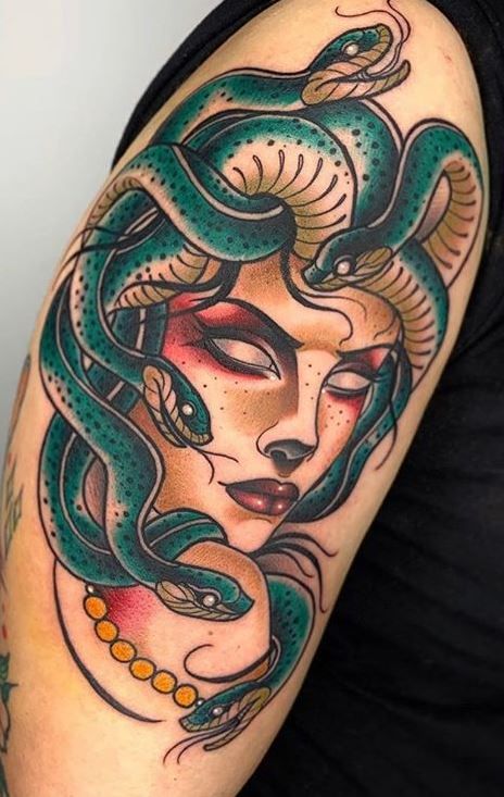 100 Beautiful Medusa Tattoos You’ll Need to See - Tattoo Me Now Mother Nature Tattoos Traditional, American Traditional Fortune Teller Tattoo, Vintage Women Tattoos, American Traditional Collar Tattoo, Traditional Style Medusa Tattoo, Old School Medusa Tattoo, Back Tattoos American Traditional, Traditional Madussa Tattoo, American Traditional Skulls