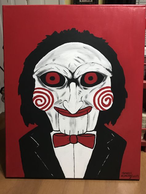 Saw Painting Ideas Horror, Jigsaw Canvas Painting, Billy The Puppet Drawing, Horror Characters Painting, Horror Movie Painting Ideas, Jigsaw Painting Horror, Scary Canvas Painting, Scary Movie Paintings, Horror Paintings Canvas