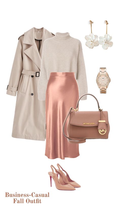 Salmon Skirt, Fall Office Outfits, Satin Outfit, Nude Skirt, Nude Bags, Hijabi Outfit, Office Outfit, Golden Jewelry, Outfit Hijab