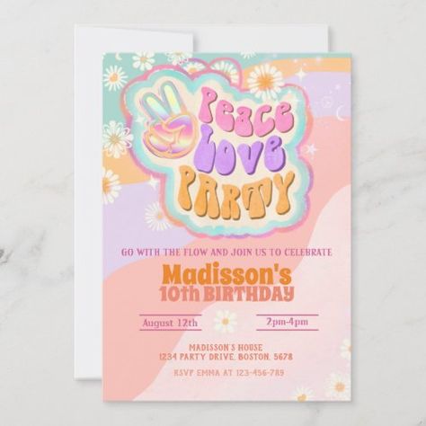 Peace Love Party Groovy Invitation International Day of Peace - groovy one retro, groovy invitation, 70s birthday invitations, hippie invitation, hippie vibes, floral festival birthday, flower power birthday invitations, peace love party, groovy theme, 70s flower party Peace Love Party Theme, Peace And Love Party Ideas, Flower Power Birthday, Peace Out Single Digits, Peace Love Party, Hippy Party, Groovy Theme, 70s Birthday, Groovy One