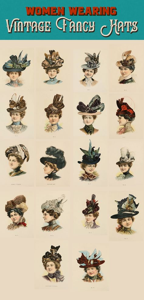 18 Free Clip Art Images - Late Victorian Era Ladies Wearing Hats - https://vintagegraphics.ohsonifty.com/18-free-clip-art-images-late-victorian-era-ladies-wearing-hats/ Victorian Era Hats For Women, Victorian Era Makeup, Women Wearing Hats, Victorian Era Women, Victorian Printables, Victorian Makeup, Hats Ideas, Women Clipart, Victorian Era Dresses