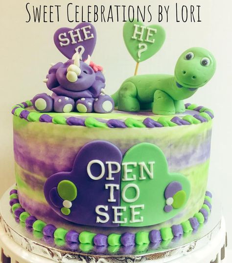 Dinosaur Gender Reveal Cake by Sweet Celebrations by Lori in SLC, UT Boy Announcement Ideas, Birth Gender Reveal, Dinosaur Gender Reveal, Baby Boy Announcement Ideas, Birth Ideas, Birth Reveal, Baby Reveal Cakes, Simple Gender Reveal, Baby Shower Themes Neutral