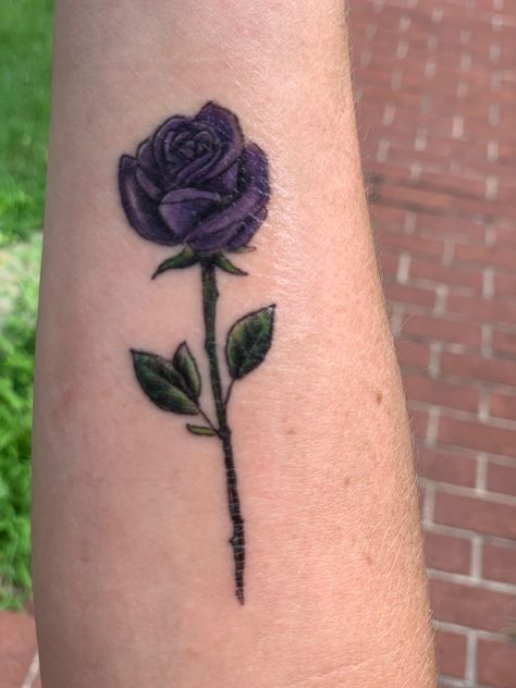 Dark Purple Rose Tattoo, Rose Tattoo On Forearm, Purple Rose Tattoo, Rose Bud Tattoo, Purple Rose Tattoos, Dark Purple Roses, Rose Tattoo Forearm, Tattoo On Forearm, Arm Tattoos