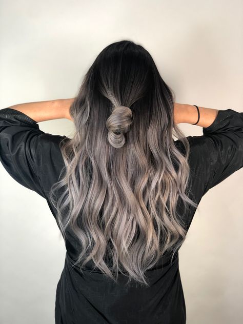 Dark To Grey Balayage, Silver Blonde Ombre Hair, Dark Brown Hair With Silver Balayage, Dark Hair Silver Balayage, Silver Ash Balayage On Dark Hair, Ashy Grey Balayage Brunette, Brown Gray Balayage, Smoky Balayage Brunettes, Balayage Hair Ash Grey