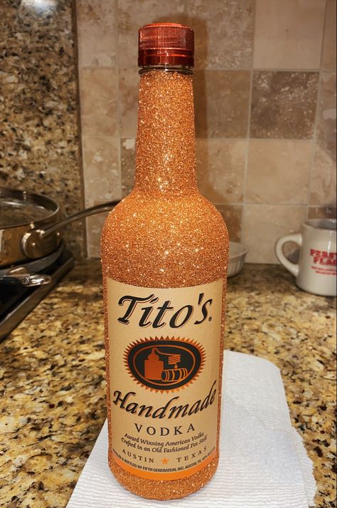 Tito Bottle Crafts, Titos Bottle Crafts, Decorate Titos Bottle, Glitter Titos Bottle Diy, Sparkly Titos Bottle, Tito’s Bottle Decor, Glitter Tequila Bottle Diy, Glitter Alcohol Bottle, Glitter Liquor Bottle