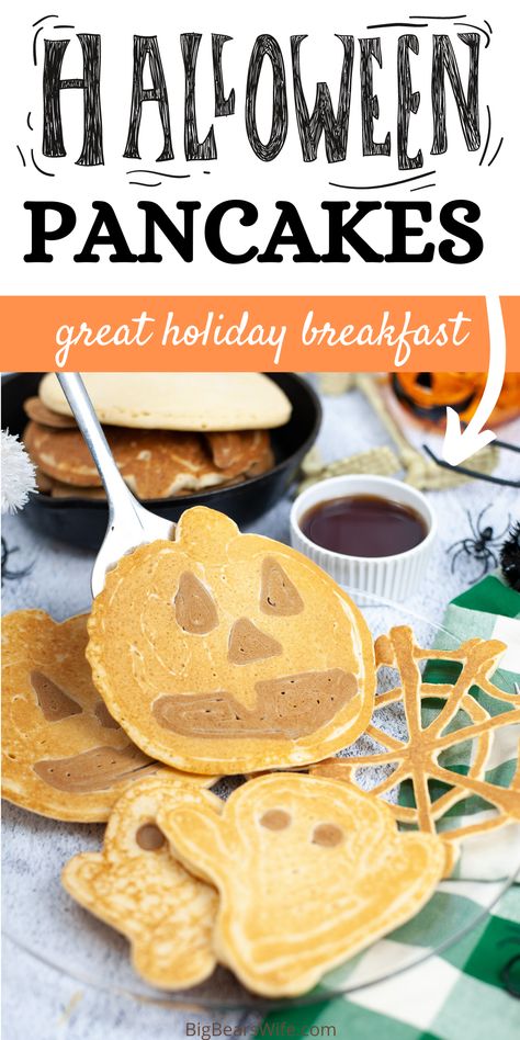 A Halloween breakfast that is perfect for any spooky Monster! These Halloween Pancakes are shaped like ghosts, pumpkins and spiderwebs! via @bigbearswife Easy Halloween Breakfast, Holiday Pancakes, Halloween Pancakes, Halloween Morning, Shaped Pancakes, Pancake Shapes, Homemade Pancake Mix, Halloween Breakfast, Pancake Toppings