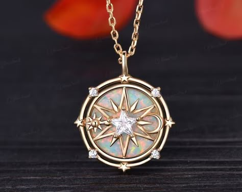 Gold Compass Necklace, Opal Moonstone, Blue Sandstone, Compass Pendant, Compass Necklace, Celestial Jewelry, North Star, Sun Moon, Compass