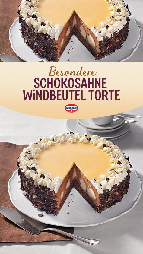 Windbeuteltorte Schoko - die ganz besondere Torte, gefüllt mit Windbeuteln und ummantelt mit Schokosahne - Schokoladige Windbeuteltorte selber backen. Dr. Oetker Rezepte, Schokosahne Windbeutel Torte, Geburtstagstorten Rezepte, Sahnetorten Rezepte, Torten Rezepte, Torte Geburtstag Cake Pops, Food And Drink, Baking, Cake, Tiramisu