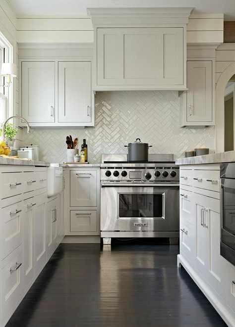 UPCOMING KITCHEN REFRESH-  Stonegable Blog.  Herring bone, eye catching backsplash! Gray Shaker Kitchen Cabinets, White Kitchen Backsplash, Kabinet Dapur, Shaker Kitchen Cabinets, Kitchen Backsplash Designs, Kitchen Refresh, White Backsplash, Kitchen Cabinets Makeover, Kitchen White