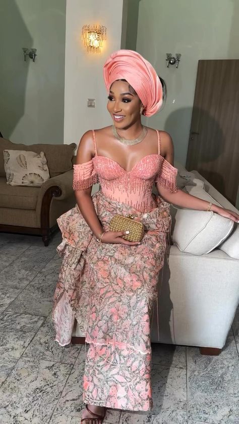 Nigerian Traditional Dresses, Lace Styles For Wedding, Off Shoulder Corset, Aso Ebi Lace, Igbo Bride, Beaded Corset, Nigerian Outfits, Nigerian Dress, Nigerian Lace Styles Dress