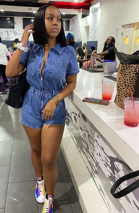 Jean Romper Outfit Baddie, Blue Jean Romper Outfit Black Women, Denim Romper Outfit Black Women, Blue Jean Jumpsuits For Women, Denim Jumpsuit Outfit Black Women, Jean Romper Outfit, Jean Jumpsuit Outfit, Denim Romper Outfit, Romper Outfit Black