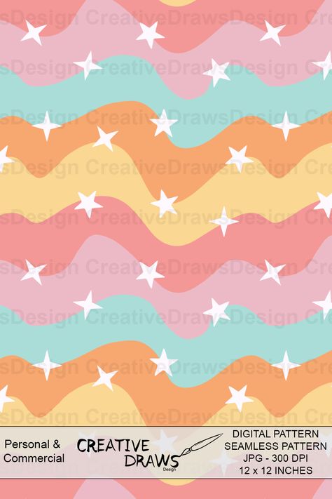 A High Quality Digital Seamless Pattern of Fun Retro Waves and Stars. Have fun with this Groovy Pattern for your next Sewing or Scrap booking Project. A Seamless Design by CreativeDrawsDesign for Personal and Commercial use or Instant Download. Groovy Waves, Groovy Pattern, Seamless Paper, Retro Waves, Retro Groovy, Patterns Design, Repeat Pattern, Repeating Patterns, Digital Drawings