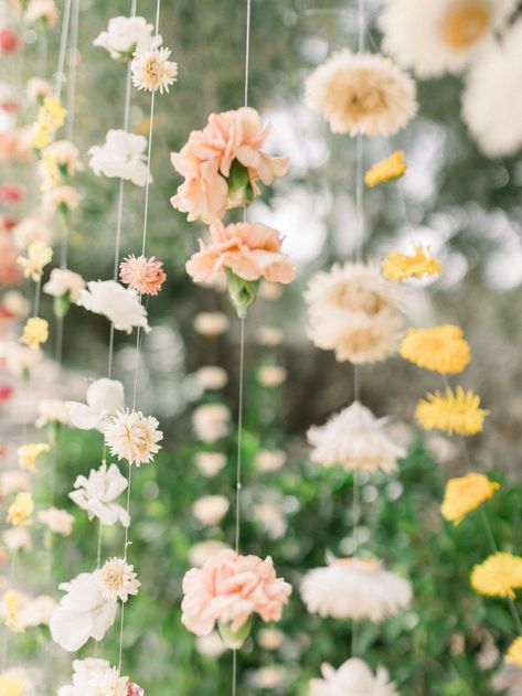 Hanging Flower Arbour, Romantic Wildflower Wedding, Hanging Carnations, Wildflower Decorations, Wildflower Bridal Shower Theme, Carnations Wedding, Hanging Flower Garland, Carnation Wedding, Wildflower Decor