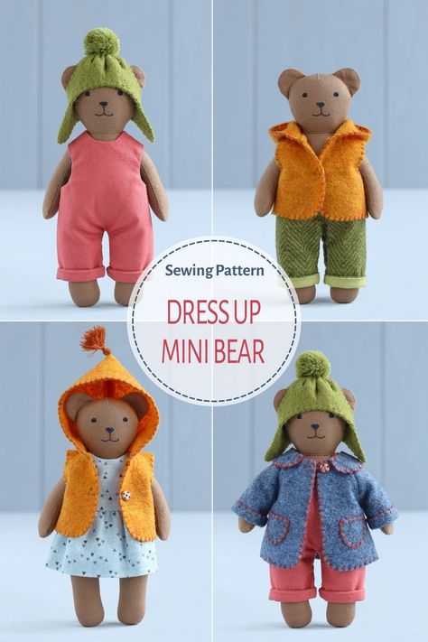 sewing toys patterns How To Make Clothes For Stuffed Animals, Stuffed Animal Clothes Patterns, Diy Teddy Bear Pattern, Easy Stuffed Animals To Sew, Stuffed Animal Clothes, Bear Sewing Pattern, Pocket Pals, Swaddle Baby, Pocket Pal