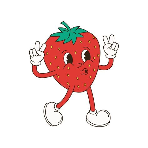 Strawberry Character Illustration, Retro Fruit Illustration, Fruit Character Illustration, Strawberry Packaging Design, Fruit Illustration Design, Cherry Character, Goodnote Cover, Strawberry Character, Spring Calendar