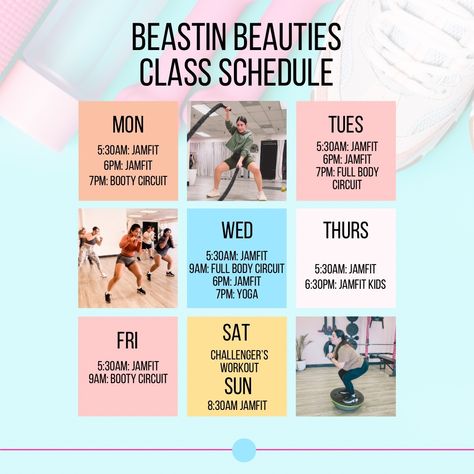 Plan your week with us! 💪 Here's our class schedule for the week ahead. From dance fitness to circuit training and yoga, we've got something for everyone. Plus, enjoy a FREE 7-day trial to experience the Beastin Beauties difference! Find us at 9814 Garvey Avenue ste 7, El Monte CA. Let's crush those fitness goals together! 💥 #BeastinBeauties #FitnessSchedule #WeeklyWorkouts #JoinUs Full Body Circuit, Plan Your Week, Push Your Limits, Shake Off, Dance Fitness, Circuit Training, Fitness Design, Class Schedule, Workout Schedule