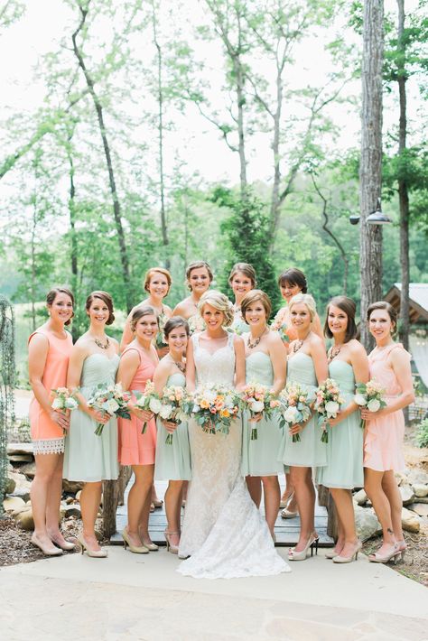 March Wedding Colors, Seafoam Green Wedding, Wedding Color Schemes Summer, Wedding Motif, Venue Design, Peach Bridesmaid, Peach Bridesmaid Dresses, Fall Bridesmaids, Green Wedding Dresses