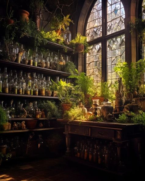 Witch Greenhouse Aesthetic, Witches Greenhouse, Greenhouse Apothecary, Apothecary Greenhouse, Witch Garden Aesthetic, Apothecary Studio, Witchy Greenhouse, Witch Cottage Aesthetic, Witch House Aesthetic