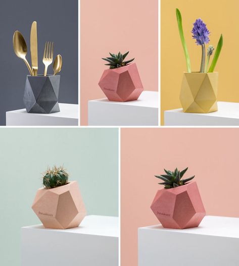 These Colorful Concrete Planters And Vases Add A Geometric Touch To Your Decor Cement Pots Diy, Succulent Centerpiece, Cement Vase, Geometric Decoration, Contemporary Planters, Geometric Planter, Cement Diy, Concrete Diy Projects, Concrete Vases