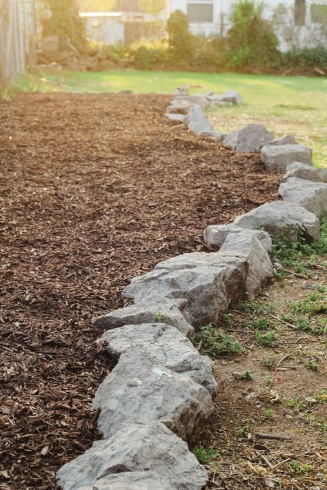 Garden Rock Edging, Garden Bed Rock Edging, Raised Garden Beds Stone Rock Border, Rocks Around Garden Beds, Wood Garden Bed Edging, Rock Edge Flower Bed Garden Borders, Rock Edged Flower Bed, Natural Stone Garden Border, Rock Flower Bed Borders