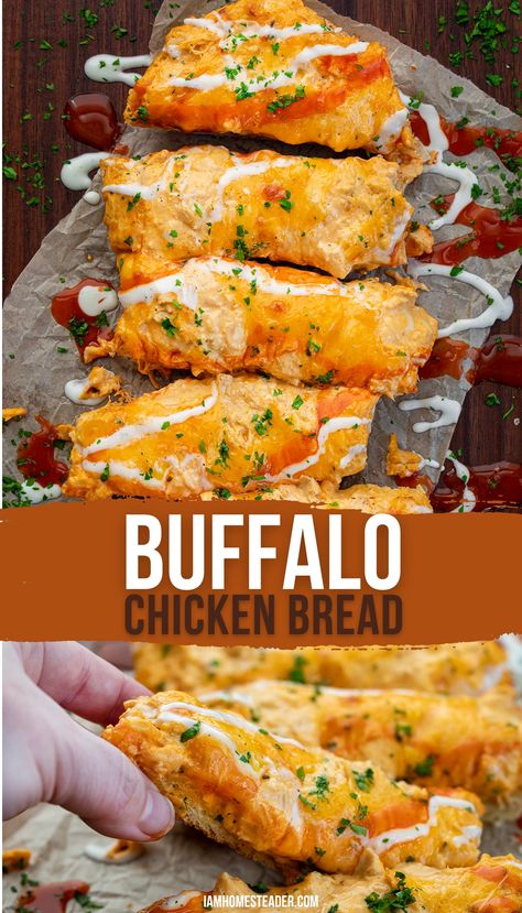 Two images of buffalo chicken bread show an overhead image of the sliced bread and a side view of a hand picking up a piece of bread. Buffalo Chicken Omelet, Buffalo Chicken Cheese Bread, Buffalo Chicken Bread Loaf, Buffalo Chicken Garlic Bread, Buffalo Chicken French Bread Pizza, Buffalo Chicken Pull Apart Bread, Stuffed Italian Bread, Buffalo Chicken Bread, Buffalo Recipes