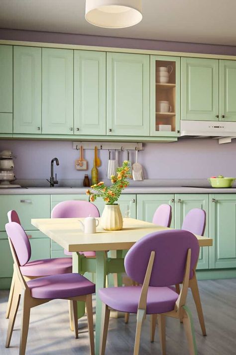 Green and Purple Color Scheme: Kitchen with Pastel Cabinets and Accents Sage Green And Lavender Kitchen, Sage And Lavender Kitchen, Pastel Green Furniture, Purple And Green Kitchen Ideas, Green And Purple Kitchen, Light Purple Kitchen, Green And Purple Living Room, Purple And Green Kitchen, Pastel Color Kitchen