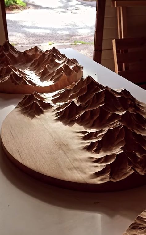 Wood Shavings, Carved Wood Wall Art, Cafe Concept, Carved Wood Sculpture, Dremel Wood Carving, Mountain Ranges, Wood Carving Designs, Cnc Wood, Pottery Crafts