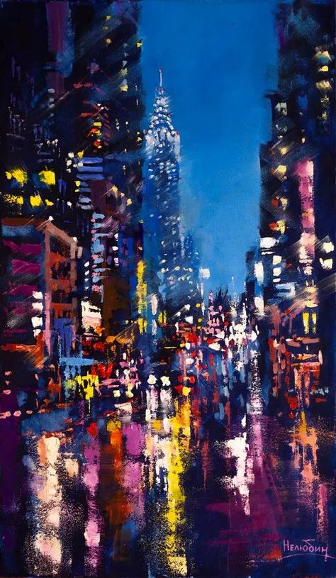 Artworks by Aleksandr Neliubin. City Lights At Night, Abstract City, City Painting, Paint Acrylic, Cityscape Art, Cityscape Painting, City Landscape, Night Painting, Night City