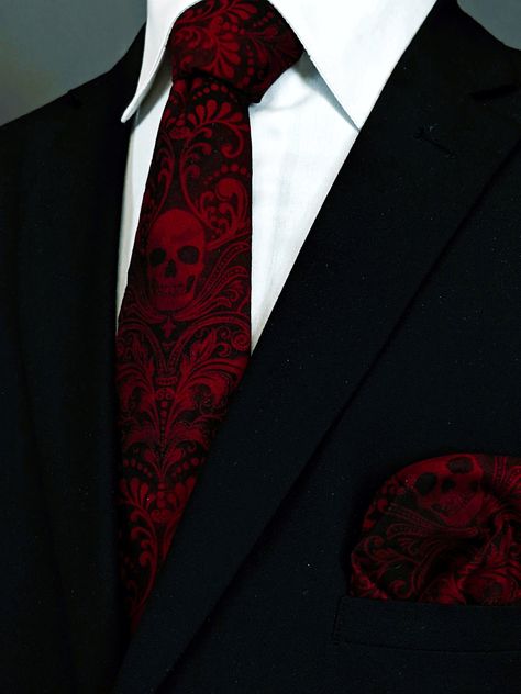 Dark Red Wedding, Dark Romantic Wedding, Skull Tie, Gothic Wedding Theme, Black And Red Suit, Vampire Wedding, Dark Wedding Theme, Red Wedding Theme, Halloween Themed Wedding