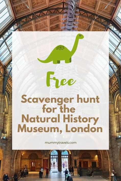 The Natural History Museum in London has some amazing treasures, so if you're visiting London with kids, I've got a great free scavenger hunt to help you explore and spot some of the highlights. Perfect for the Natural History Museum with toddlers and younger kids, there's actual gold to find on this treasure hunt, as well as dinosaurs, fossils, animals and more. London Scavenger Hunt, Museum Kids Activities, Museum Scavenger Hunt, Uk Attractions, Free Family Activities, Natural History Museum London, London With Kids, Days Out In London, Visiting London