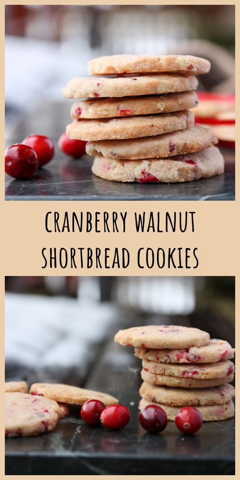 A stack of cranberry walnut shortbread cookies on a marble counter top Cranberry Walnut Shortbread Cookies, Walnut Shortbread Cookies, Cranberry Walnut Cookies, Walnut Shortbread, Easy Cookie Recipe, Xmas Baking, Healthy Cookie Recipes, Cranberry Recipes, Delicious Cookie Recipes