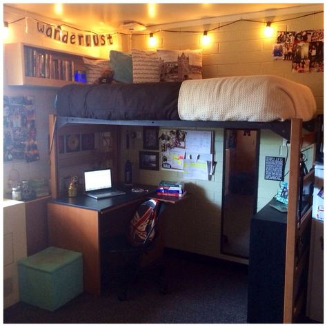 College Loft Beds, Dorm Room Setup, Lofted Dorm Beds, Dorm Room Curtains, Guy Dorm Rooms, Bohemian Bedrooms, Dorm Room Layouts, College Ready, Mirror Placement