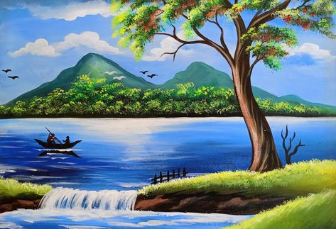 Landscape Rangoli, Easy Painting For Kids, Beautiful Scenery Drawing, Oil Pastel Landscape, Easy Scenery Drawing, Radha Beauty, Drawing Model, Village Landscape, Scenery Drawing