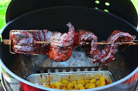 Rotisserie Baby Back Ribs With Red-Eye Barbecue Sauce | Tips & Techniques | Weber Grills Apple Ribs, Bbq Rotisserie, Grilled Kabob Recipes, Weber Grills, Grilling Recipes Sides, Grilled Fish Recipes, Rotisserie Oven, Grilled Meat Recipes, Homemade Barbecue Sauce