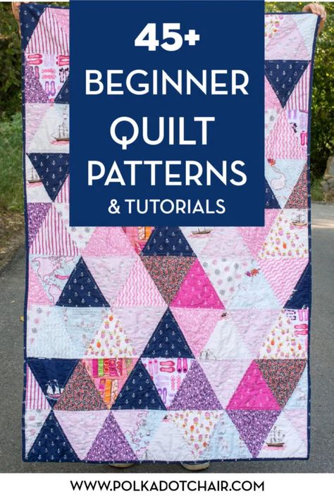 45 + Free quilt patterns for beginning quilters. Learn how to quilt with these cute ideas. #quilts #quilting Beginner Quilt Patterns Free, Triangle Quilt Pattern, Lap Quilt Patterns, Beginning Quilting, Beginner Quilt, Basic Quilt, Quilt Modernen, Quilt Block Patterns Free, Tshirt Quilt