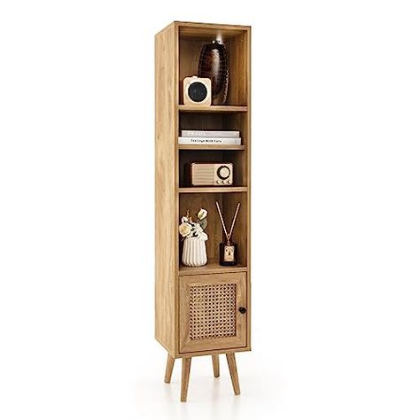 Rattan Storage Cabinet, Vertical Bookshelf, Slim Storage Cabinet, Tall Storage Cabinet, Rattan Storage, Book Cabinet, Boho Furniture, Room Corner, Tall Cabinet