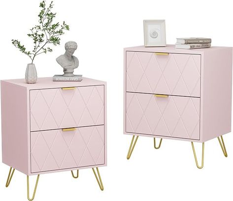 Amazon.com: Anbuy Pink Nightstand Set of 2, End Side Table Double, Bedside Table with 2 Drawers, Dual Night Stand Set 2 Gold Legs for Bedroom Living Room : Home & Kitchen Pink Nightstand, Pink Nightstands, White Nightstands, Blue Nightstands, Nightstand Set, Bedside Drawers, Drawers Bedroom, Nightstand Set Of 2, White Bedside Table