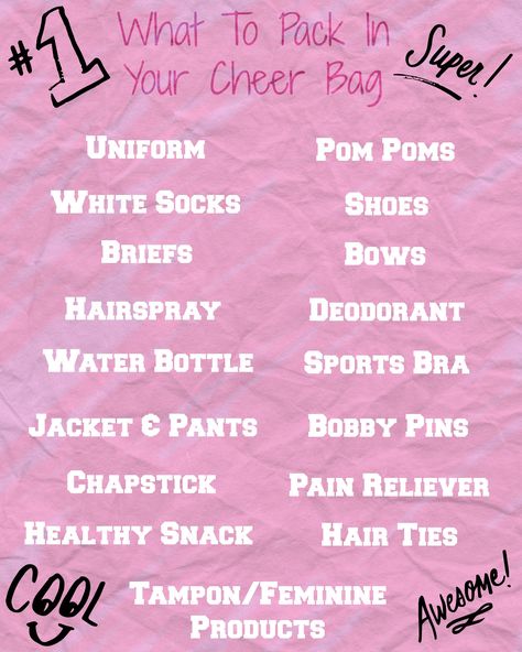 What to pack in your cheer bag! Things To Pack In Your Cheer Bag, What To Bring To Cheer Tryouts, What To Pack In My Cheer Bag, What To Have In Your Cheer Bag, What To Put In Cheer Bag, Things To Put In Your Cheer Bag, Things To Have In Your Cheer Bag, Stuff To Put In Your Cheer Bag, Cheer Skills Checklist